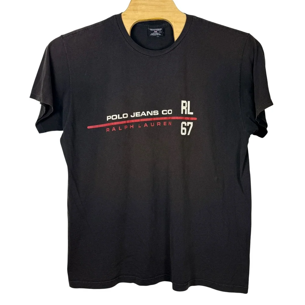 Vintage Polo Jeans Co Ralph Lauren T-Shirt Mens XXL‎ Faded Black Graphic Y2K